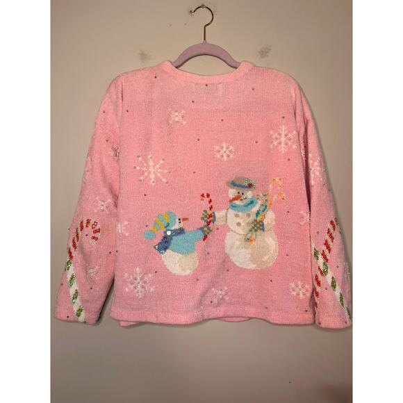 2000s Design Options Pastel Rainbow Christmas Snowman Chenille Glam Cardigan XL - Picture 8 of 10
